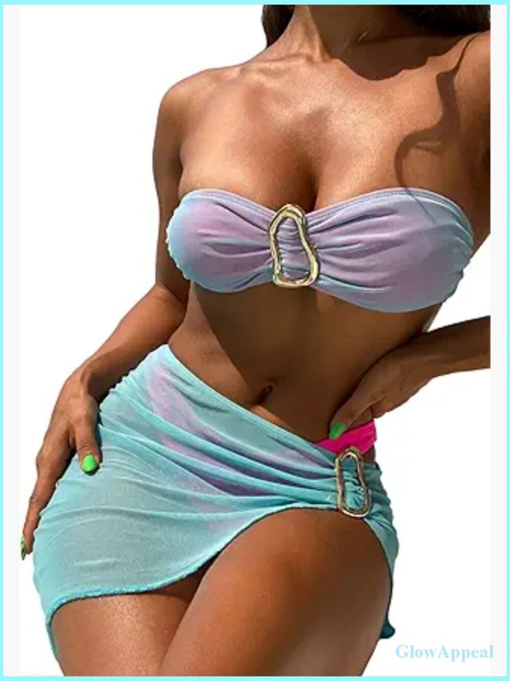 Sexy Metallic Triangle Bikini Set Tie Side Thong with Glitter Skirt 3 Piece